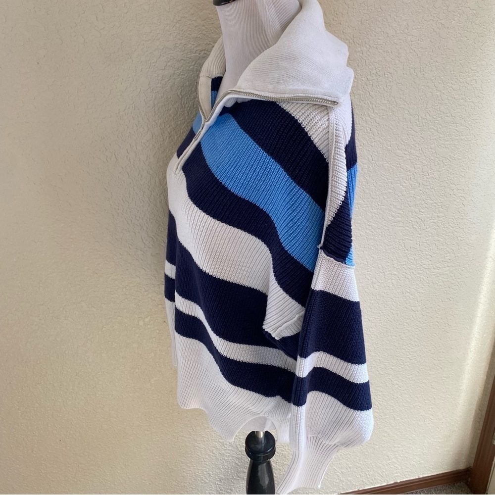 Aerie Beyond Quarter Zip Sweater Blue White Striped Chunky Knit Pullover: Medium - Picture 6 of 10